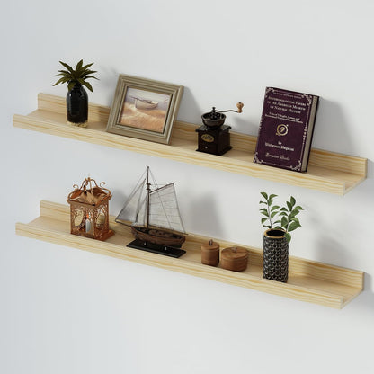 SAUMONIERES Picture Ledge Shelf Floating Book Shelves Set of 2 Wall Mounted Solid Wood for Bedroom