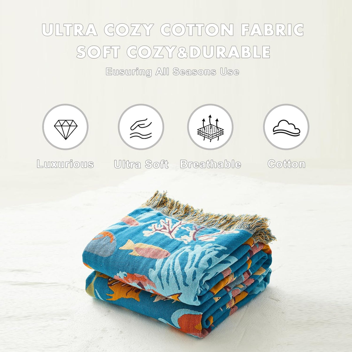 MSGKV Throw Blanket for Couch Bed Cotton Muslin Breathable Cute Ocean Animals Twin Size Blanket