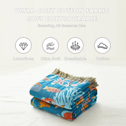 MSGKV Throw Blanket for Couch Bed Cotton Muslin Breathable Cute Ocean Animals Twin Size Blanket