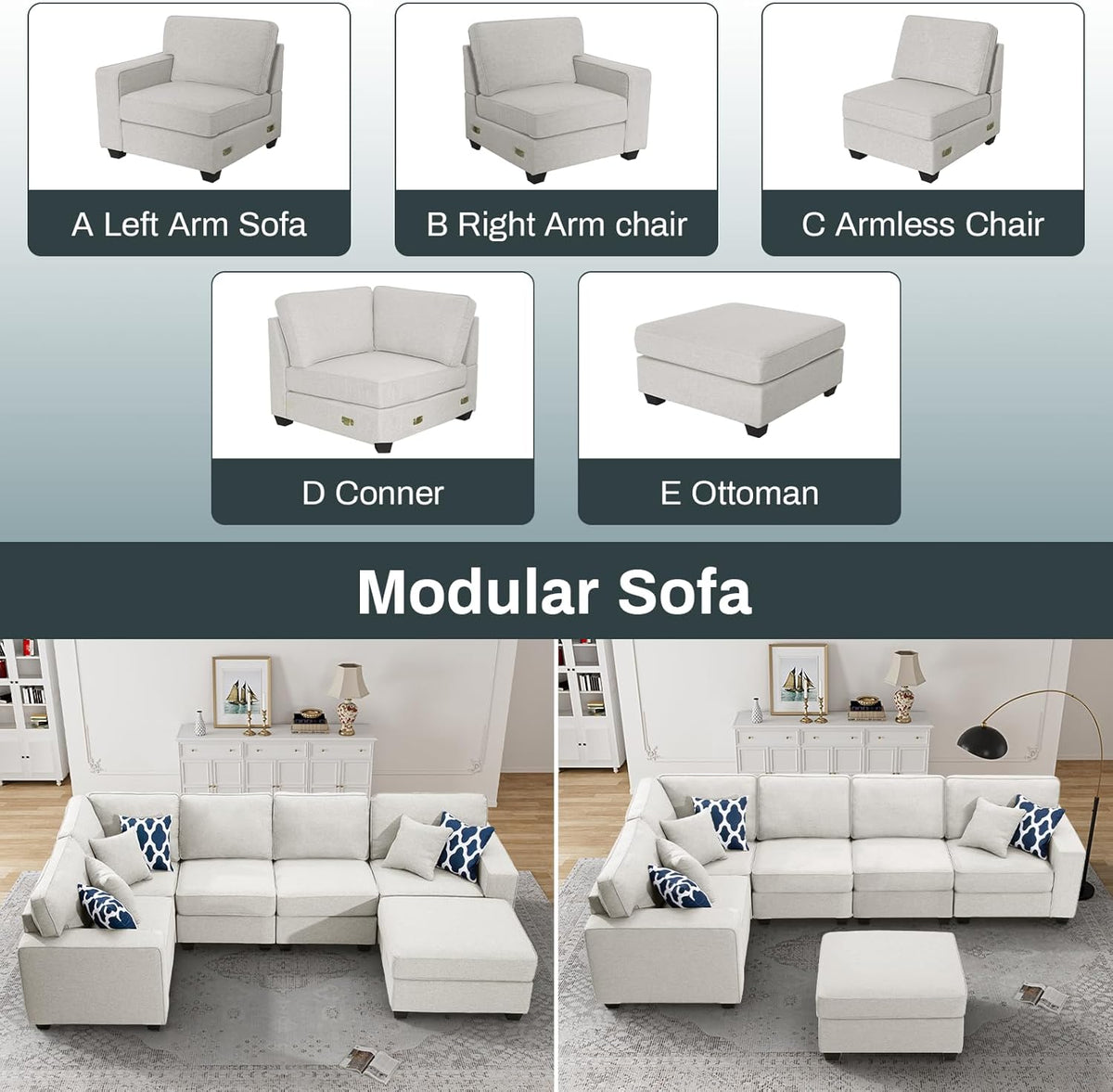 L Lengend Vansen Modular Sectional Sofa U Shaped Couch with Ottoman Modern Reversible Corner