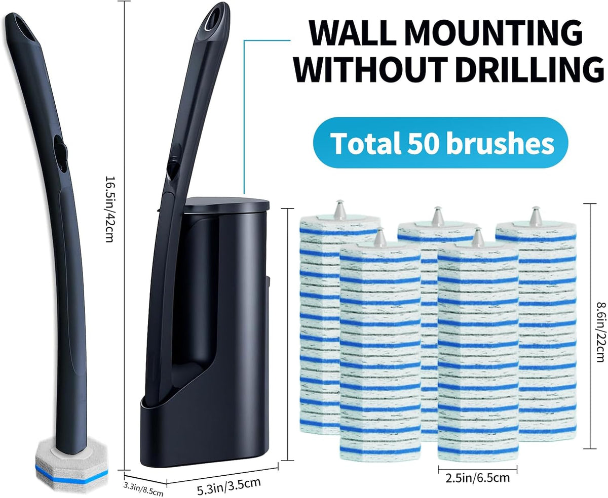 Disposable Toilet Brush with 50 Wand Cleaner Refills Pads，Wall Mounted Toilet Bowl Holder