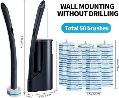 Disposable Toilet Brush with 50 Wand Cleaner Refills Pads，Wall Mounted Toilet Bowl Holder