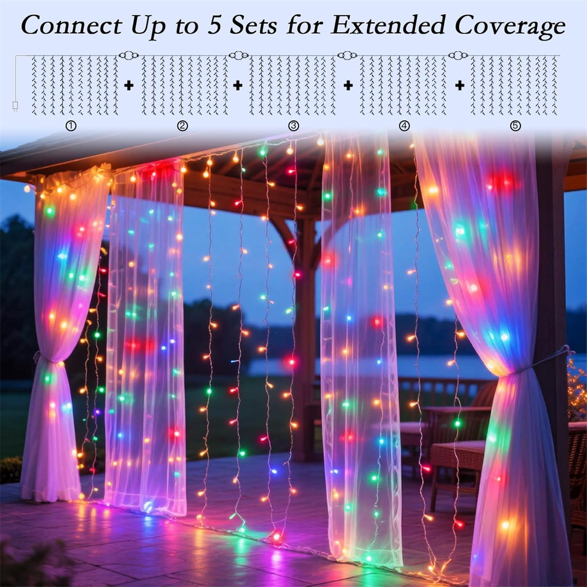 200 LED Rainbow Curtain String Lights 9.8 * 6.6FT Plug in Fairy with Timer and 8 Modes, Waterproof