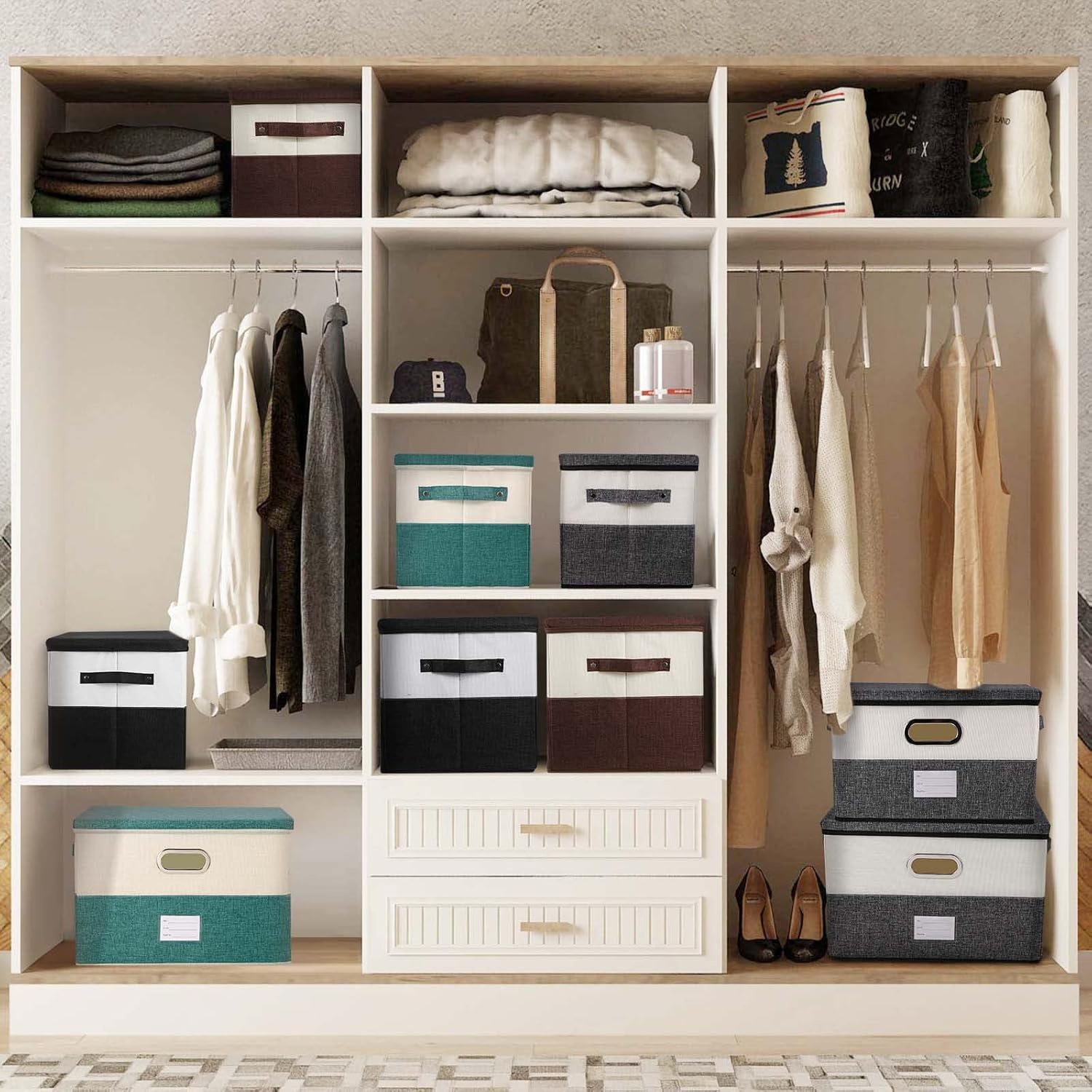 Large Linen Fabric Foldable Storage Bins with Removable Lid and Handles, Washable Storage Box