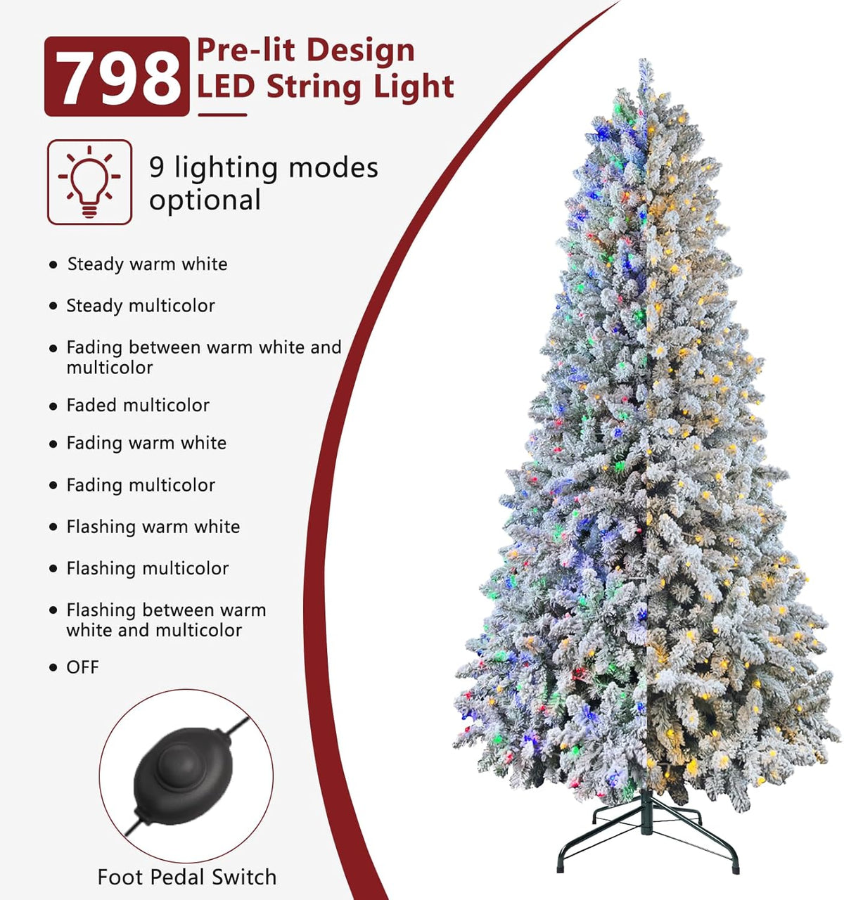 7.5ft Pre-lit Artificial Snow Flocked Christmas Tree with Quick Power Connect, 798 Warm White &