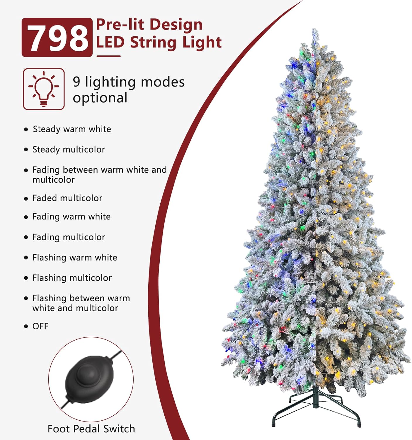 7.5ft Pre-lit Artificial Snow Flocked Christmas Tree with Quick Power Connect, 798 Warm White &
