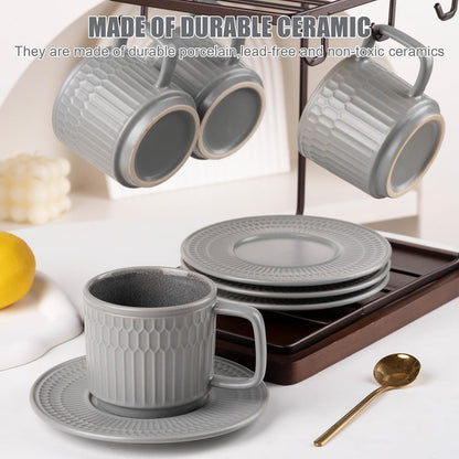 Large Cappuccino Cups with Saucers Set of 4, 8 Ounce Stackable Embossed Ceramic Coffee Mugs for