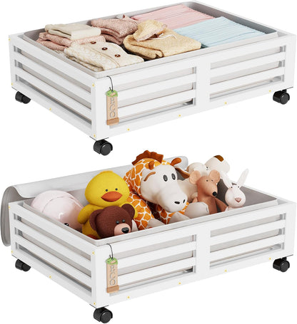 Bamboo Under Bed Storage Containers- Underbed Organizer with Wheels with Large Dust Bag,Sturdy Wood