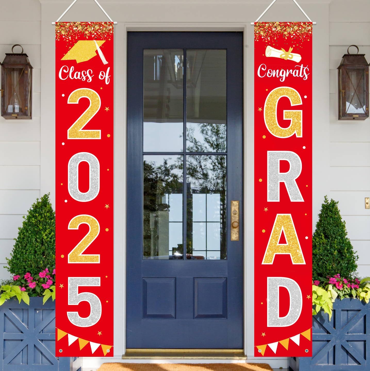 Graduation Decorations 2025 GRAD Banner Red Porch Door Sign Welcome Banner For Indoor Outdoor Wall