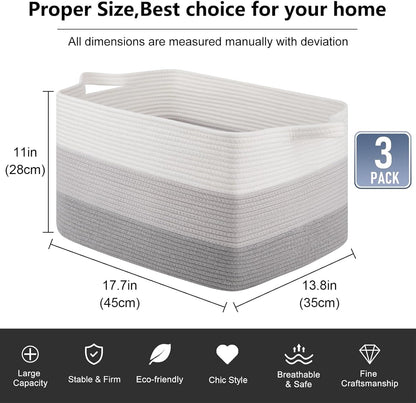 OIAHOMY Rectangle Woven Storage Basket - Nursery Cotton Rope Baskets for Storage, Toy Basket