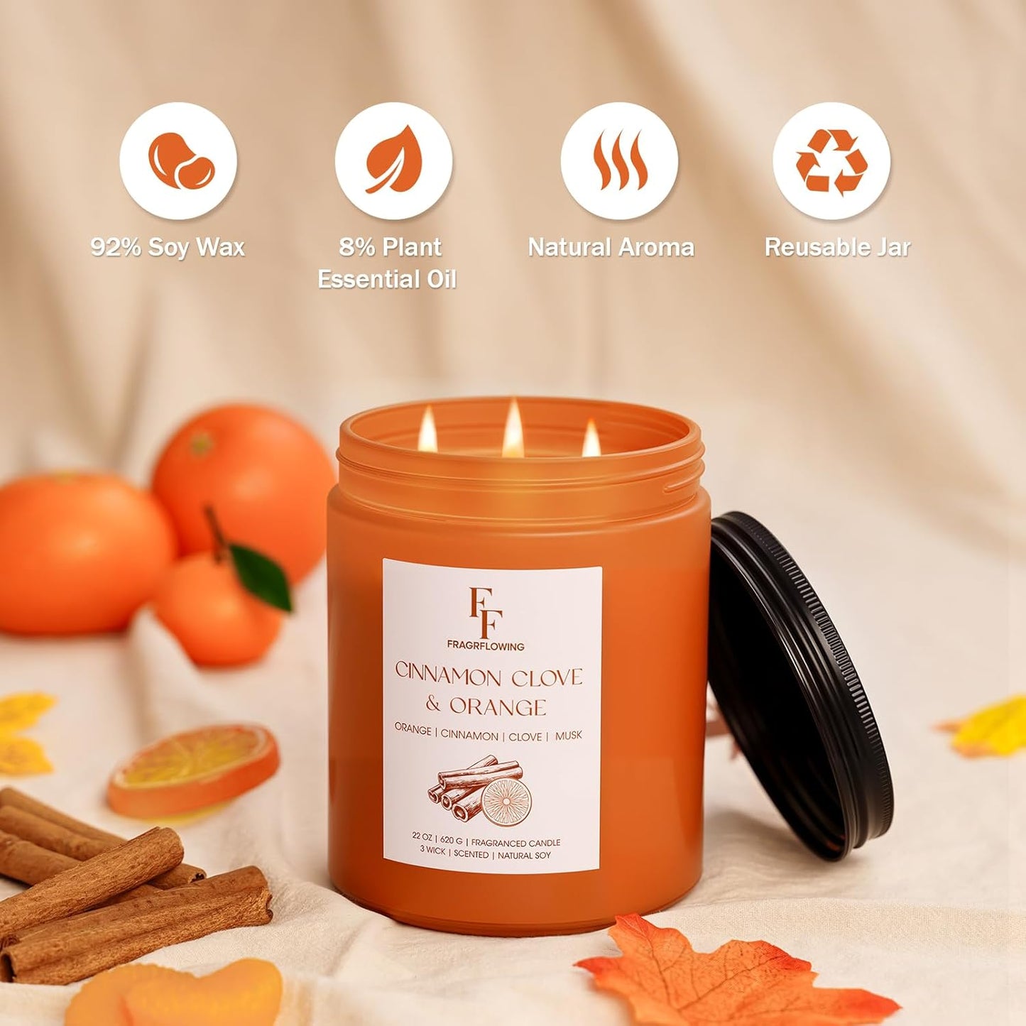 Large Fall Candle Cinnamon Clove Scented, 3-Wick 22oz Long Lasting Scented Candle, Natural Soy Wax