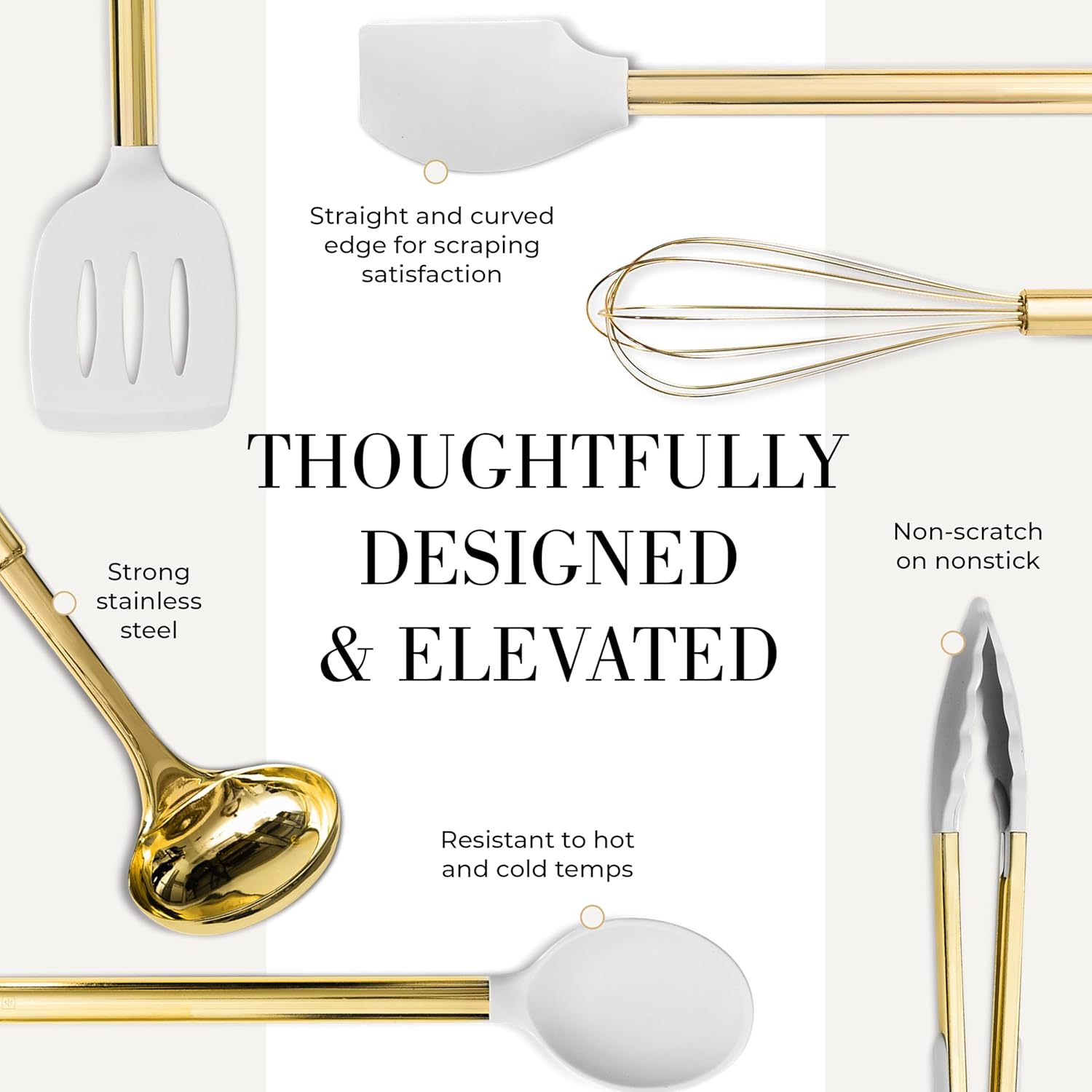 White Silicone and Gold Cooking Utensils Set with Gold Utensil Holder - 7-Piece Silicone Cooking