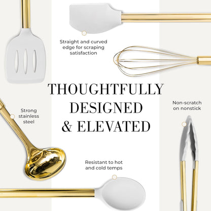White Silicone and Gold Cooking Utensils Set with Gold Utensil Holder - 7-Piece Silicone Cooking
