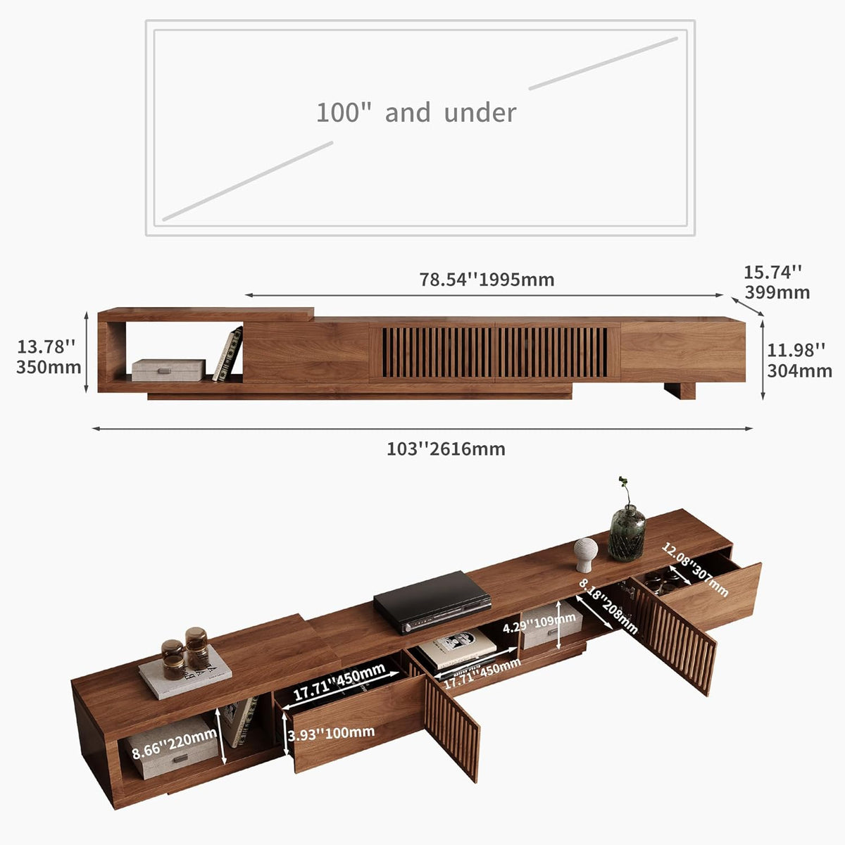 Mid Century Modern TV Stand for 75+ Inch TVs, Extendable Media Console (78"-103") with Ample