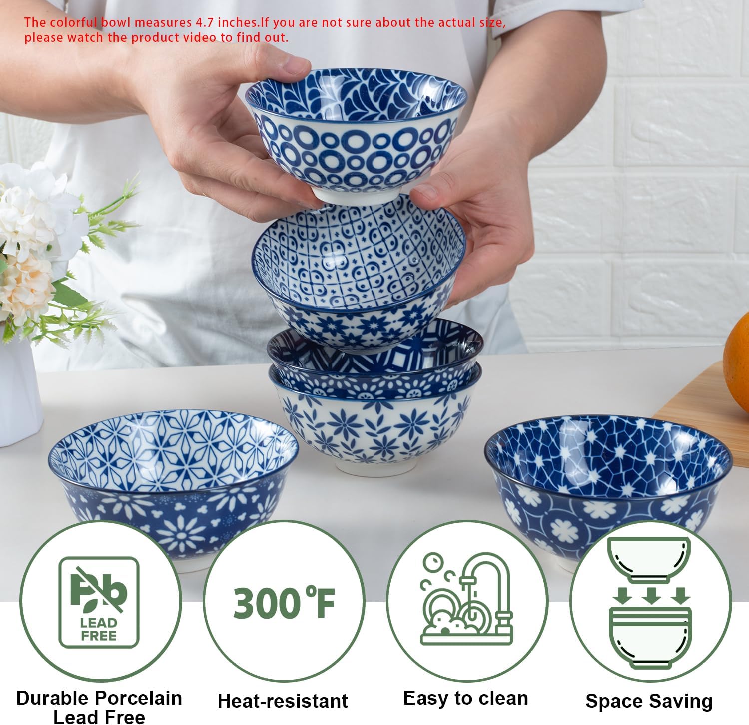 Blue and White Ceramic Bowls Set of 6, 4.7in Small Dessert bowl 10 oz for ice cream, Snack