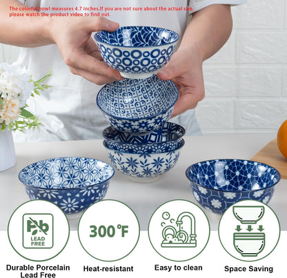Blue and White Ceramic Bowls Set of 6, 4.7in Small Dessert bowl 10 oz for ice cream, Snack