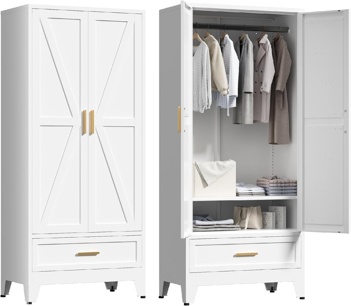 71'' Farmhouse Metal Wardrobe Cabinet with Hanging Rod, 2 Barn Door Wardrobe Closet with Adjustable