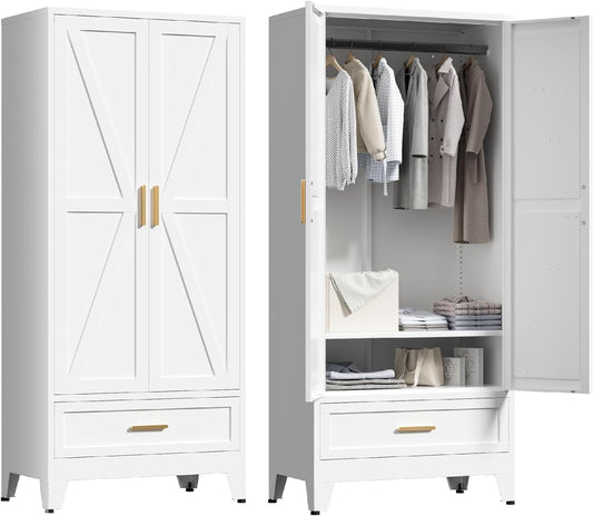 71'' Farmhouse Metal Wardrobe Cabinet with Hanging Rod, 2 Barn Door Wardrobe Closet with Adjustable