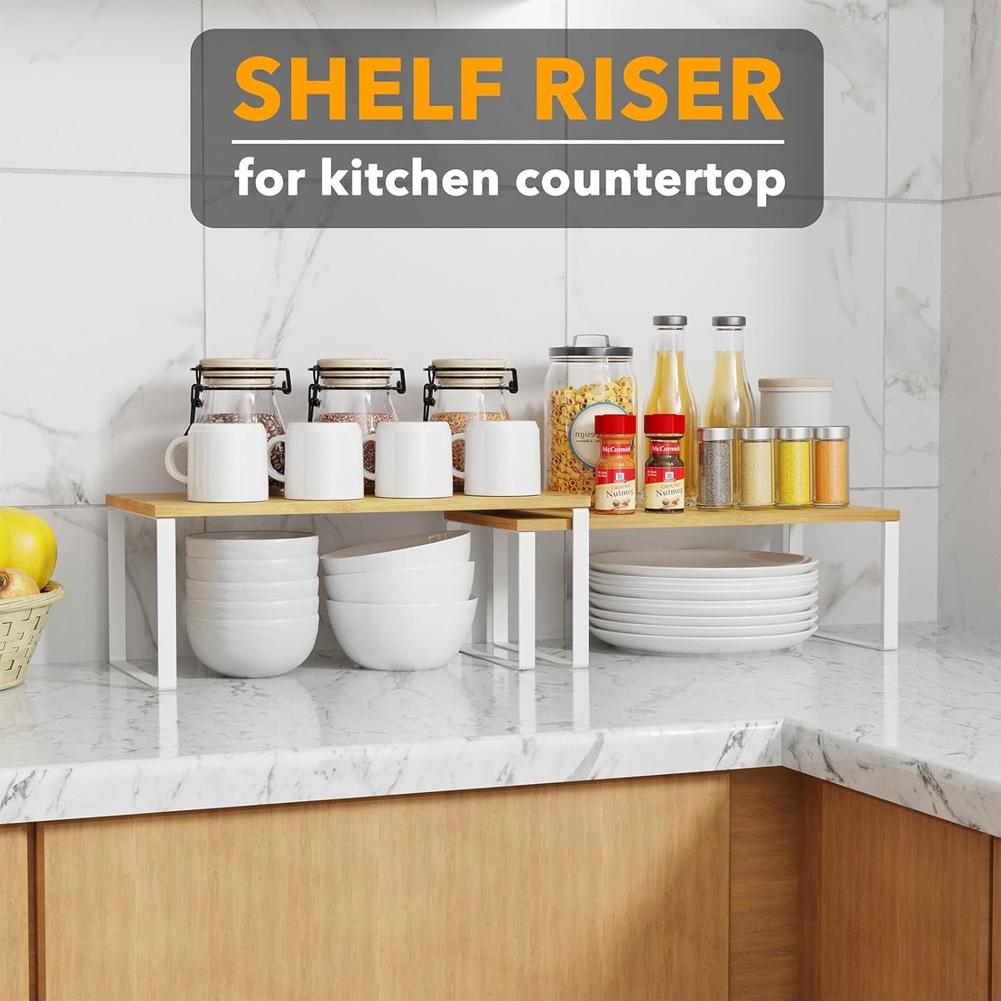 SpaceAid Cabinet Shelf Organizers 2 Pack, Kitchen Counter Rack Shelves Riser, Stackable Expandable