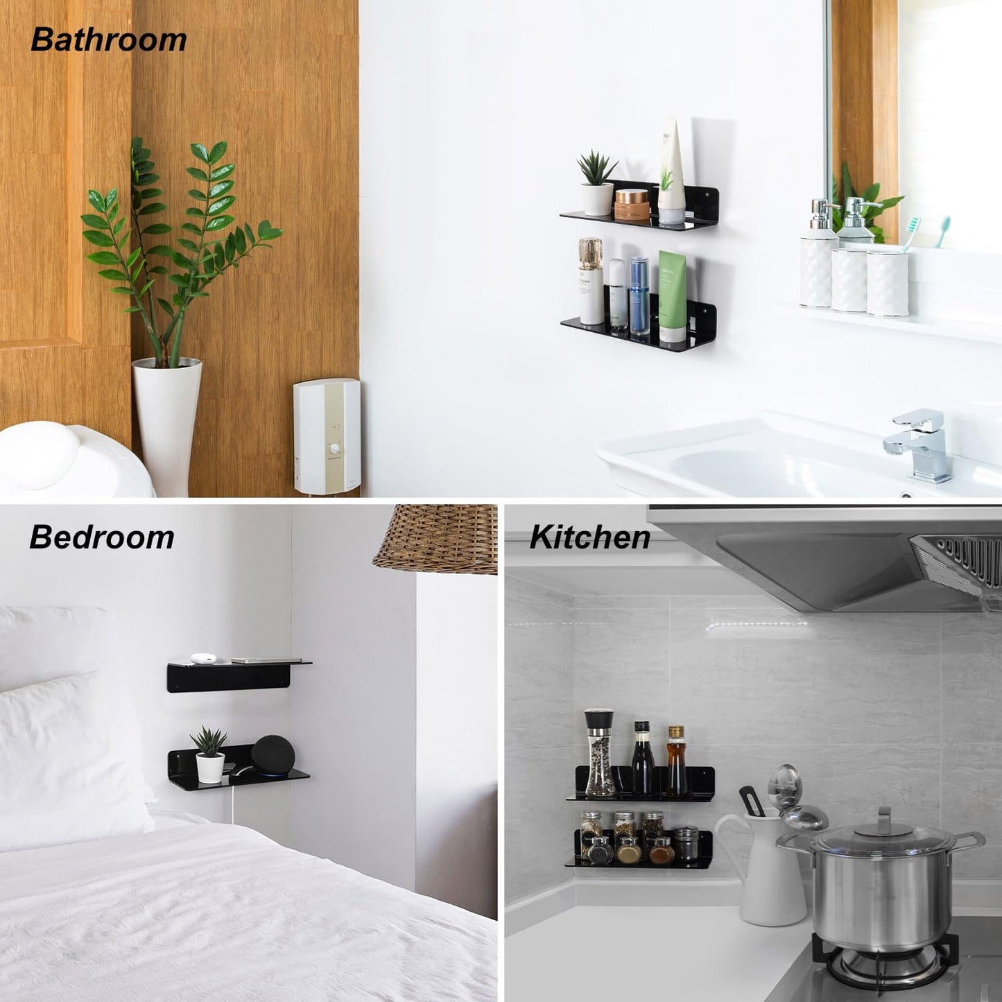 OAPRIRE Black Acrylic Floating Shelves Set of 2 - Damage Free Expand Wall Space - 12 Inch Wall