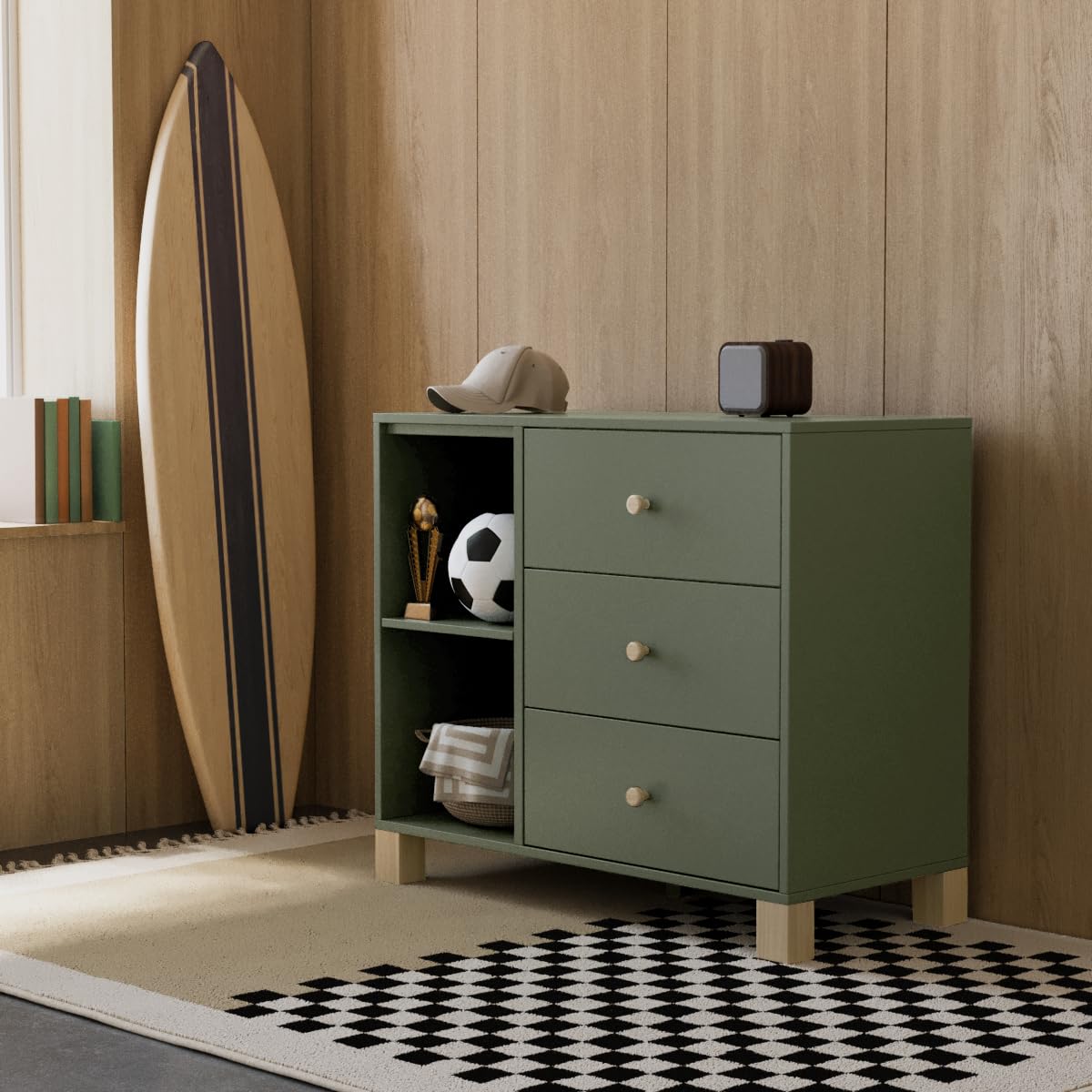 Storkcraft California 3 Drawer Combo Dresser (Olive with Driftwood) – GREENGUARD Gold Certified