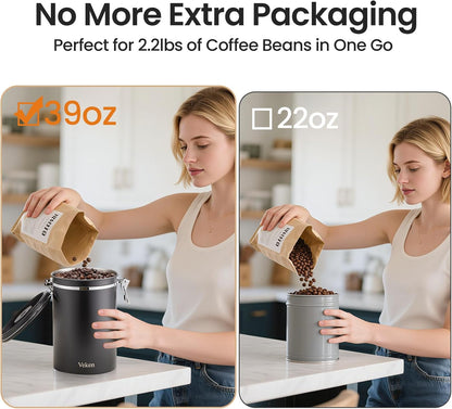 Veken Coffee Canister, 39OZ Large, Airtight Stainless Steel Food Storage Container for 2.2lbs