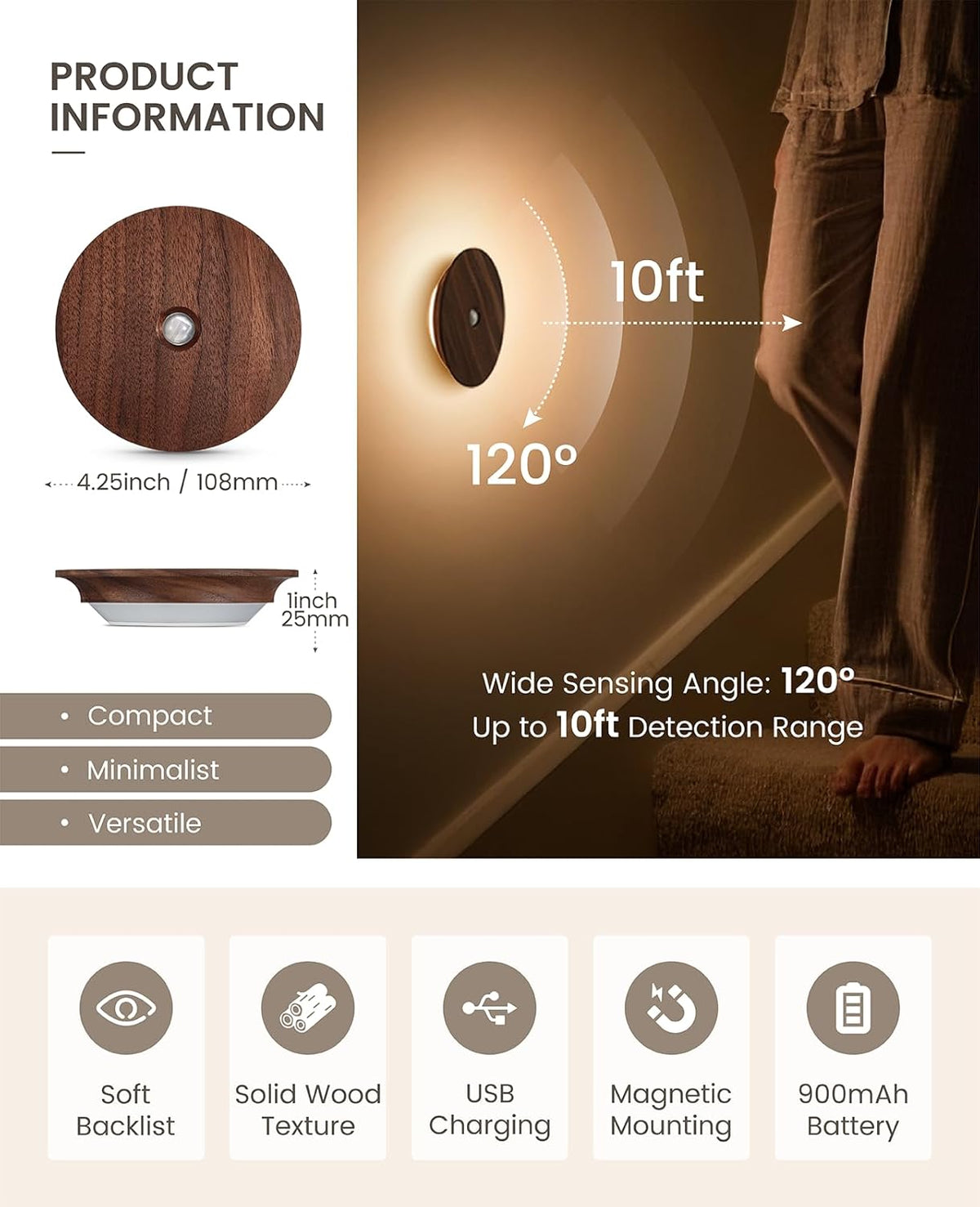 Motion Sensor Night Light Wood Rechargeable Battery-Powered Stick-On Step Lights Magnetic Closet