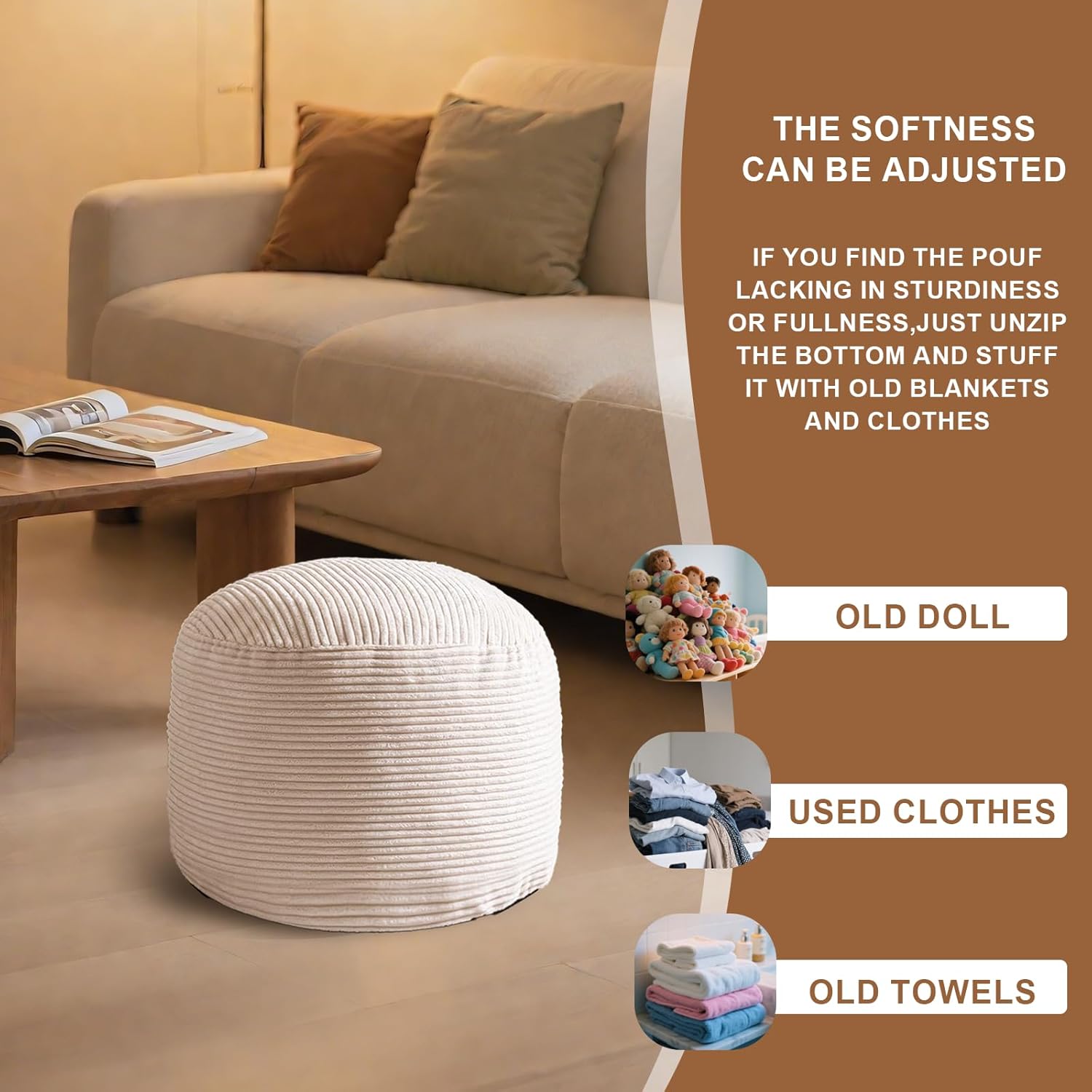 Round Stuffed Pouf Ottoman, Foot Stools Ottoman,Corduroy Poufs with Foam Chunk Filling, Furry and