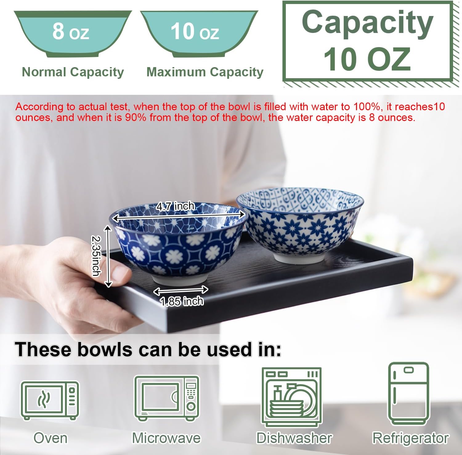 Blue and White Ceramic Bowls Set of 6, 4.7in Small Dessert bowl 10 oz for ice cream, Snack