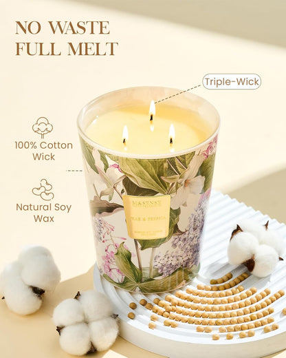 M&SENSE 3 Wick Soy Candles for Home Scented, Pear & Fressia Scented Aromatherapy Candle for Stress