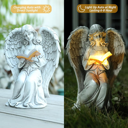 Angel Statue Outdoor Decor, Elegant Angel Garden Statues Reading Book with Solar LED Lights Yard