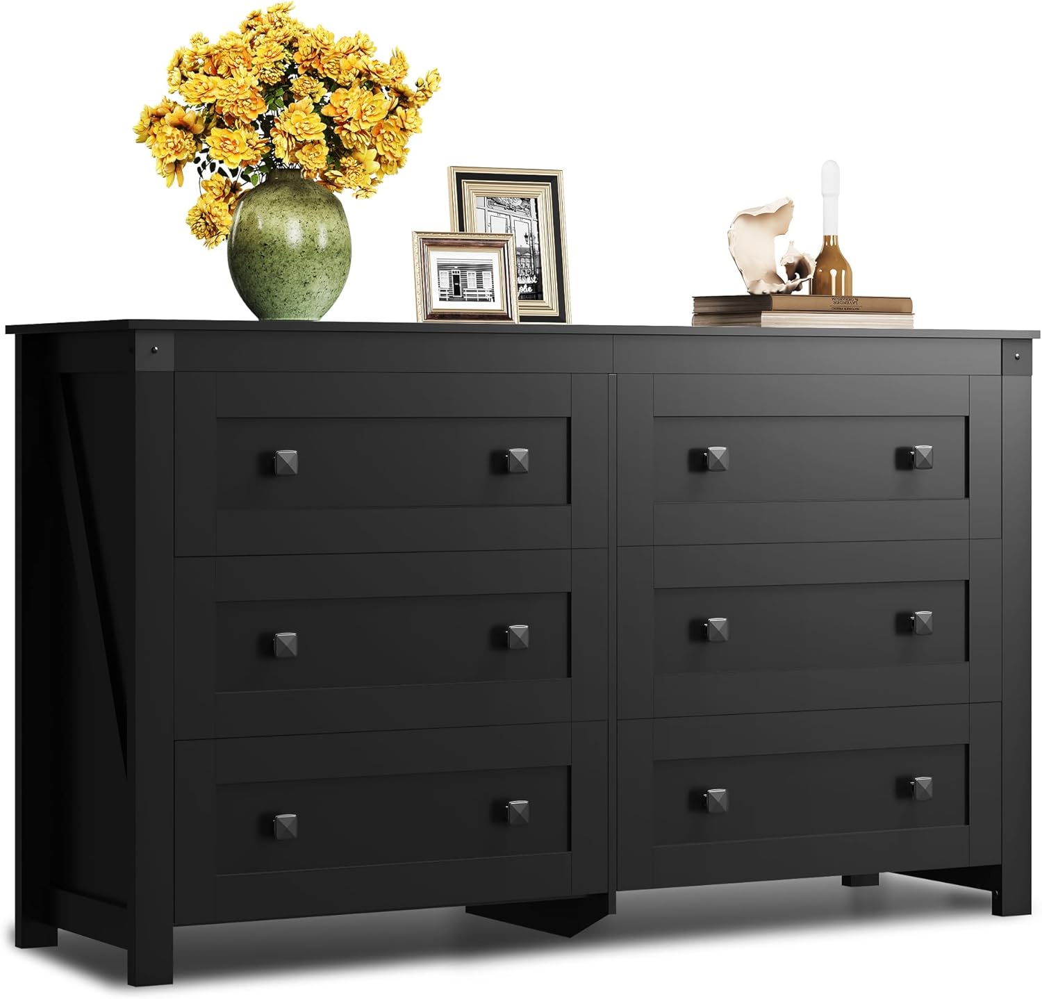 WLIVE Farmhouse Black Dresser for Bedroom, 53.07'' Wide 6 Drawer Wood Dresser, Chest of Drawers