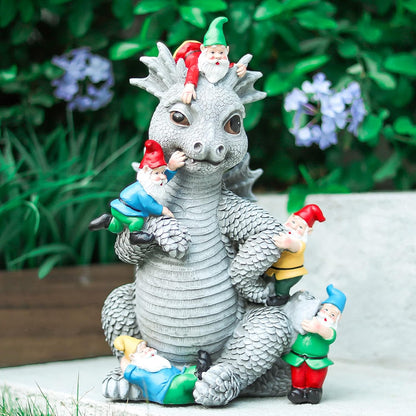 Dragon Gnome Statues Outdoor Decor, 13” Dinosaur Play with Gnomes Garden Statue, Outdoor Statue for