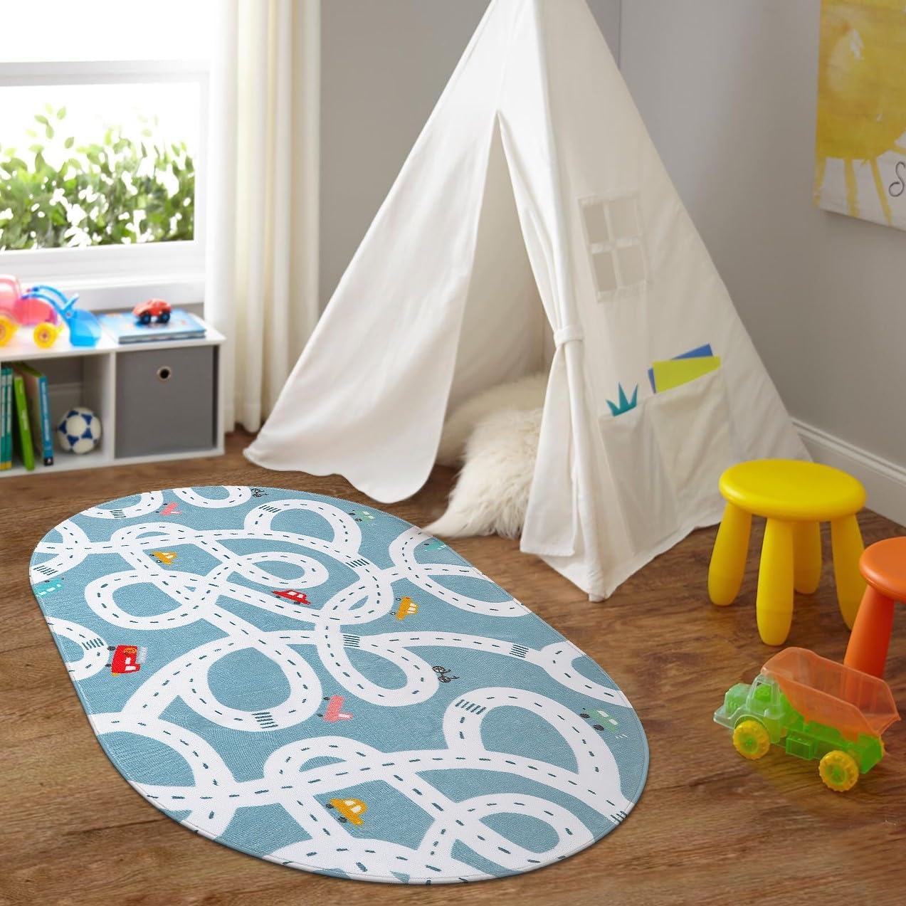 STARUIA Small Road Rug for Kids Room, 3'x5' Washable Kids Play Rug for Baby Nursery, Non-Slip Car