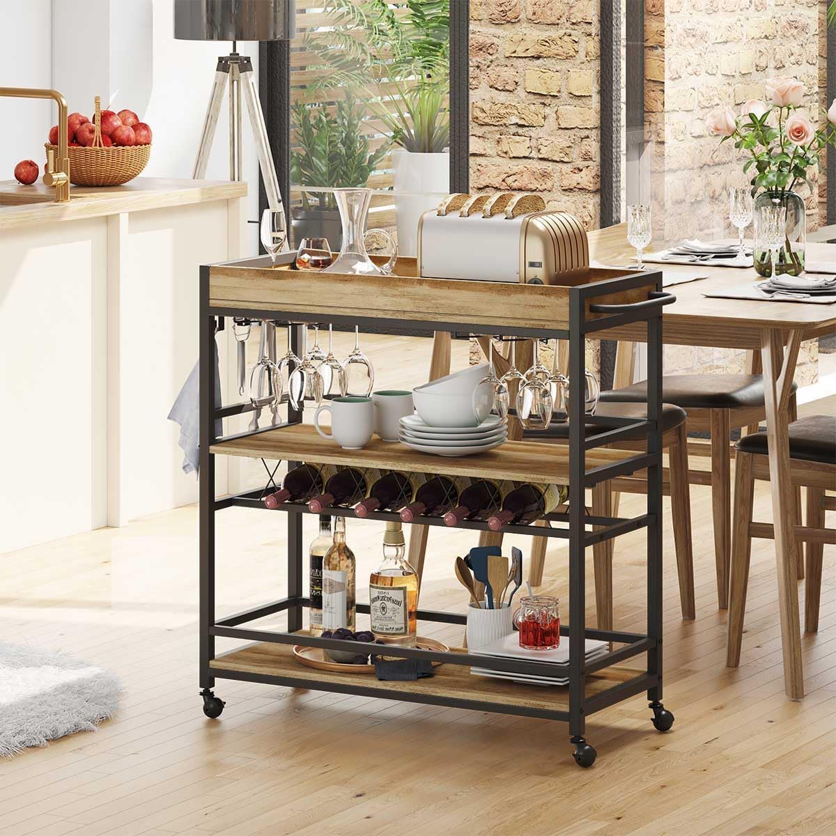 BON AUGURE Bar Cart for The Home, Bar Serving Carts on Wheels, 3 Tier Storage Drink Trolley