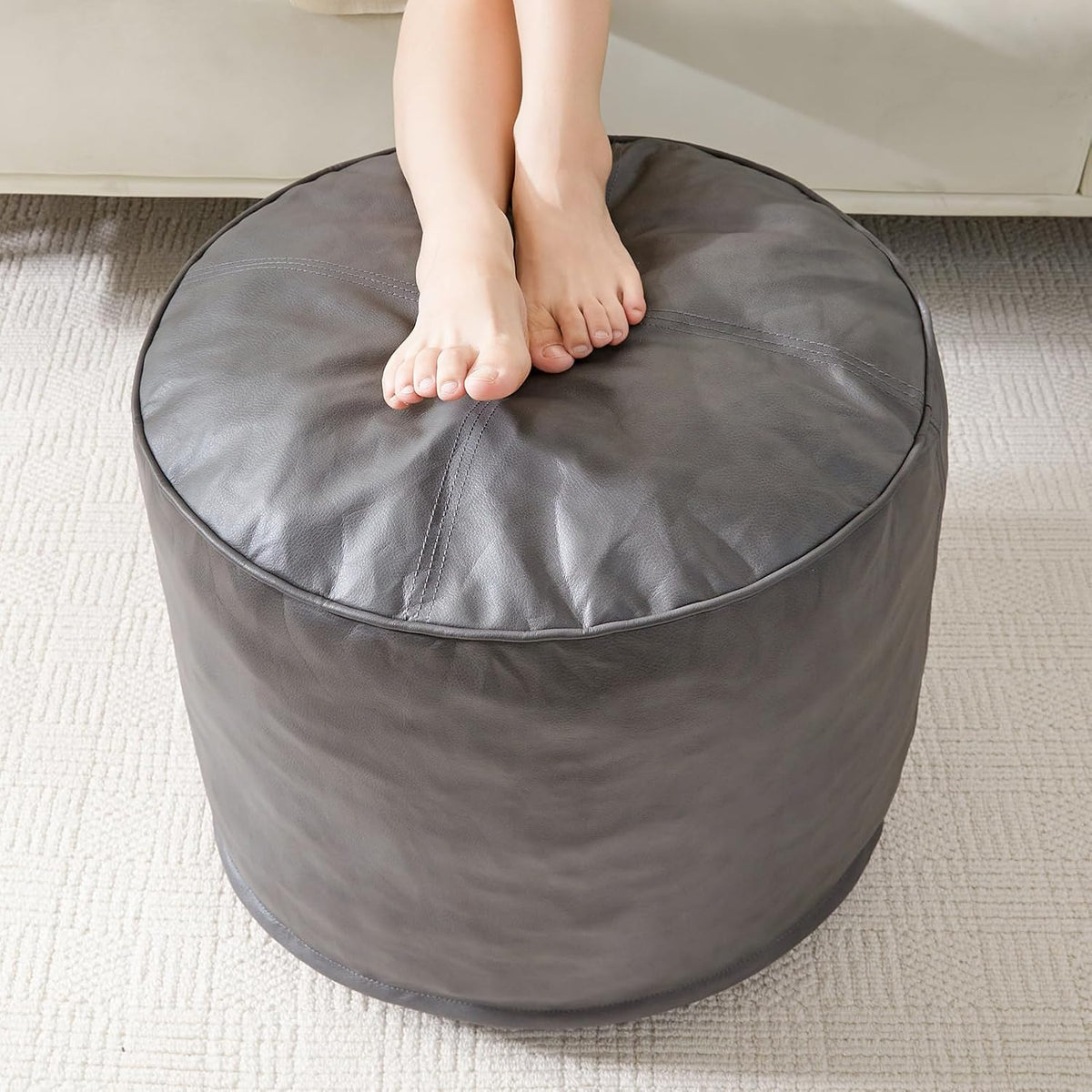HIGOGOGO Round Stuffed Pouf Ottoman, Pu Leather Poufs with Foam Chunk Filling Foot Stool Storage