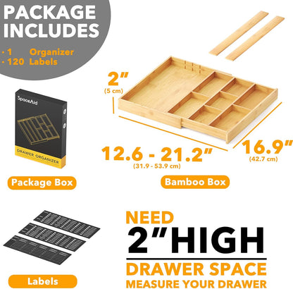 SpaceAid Bamboo Utensil Drawer Organizer with Labels, Kitchen Silverware Expandable Tray Holder