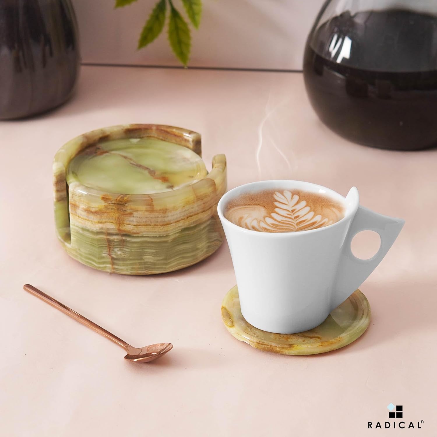 Marble Coasters Set of 6 Green Onyx 3.5 Inch Round Coaster for Drinks with Holder, Drink Coaster