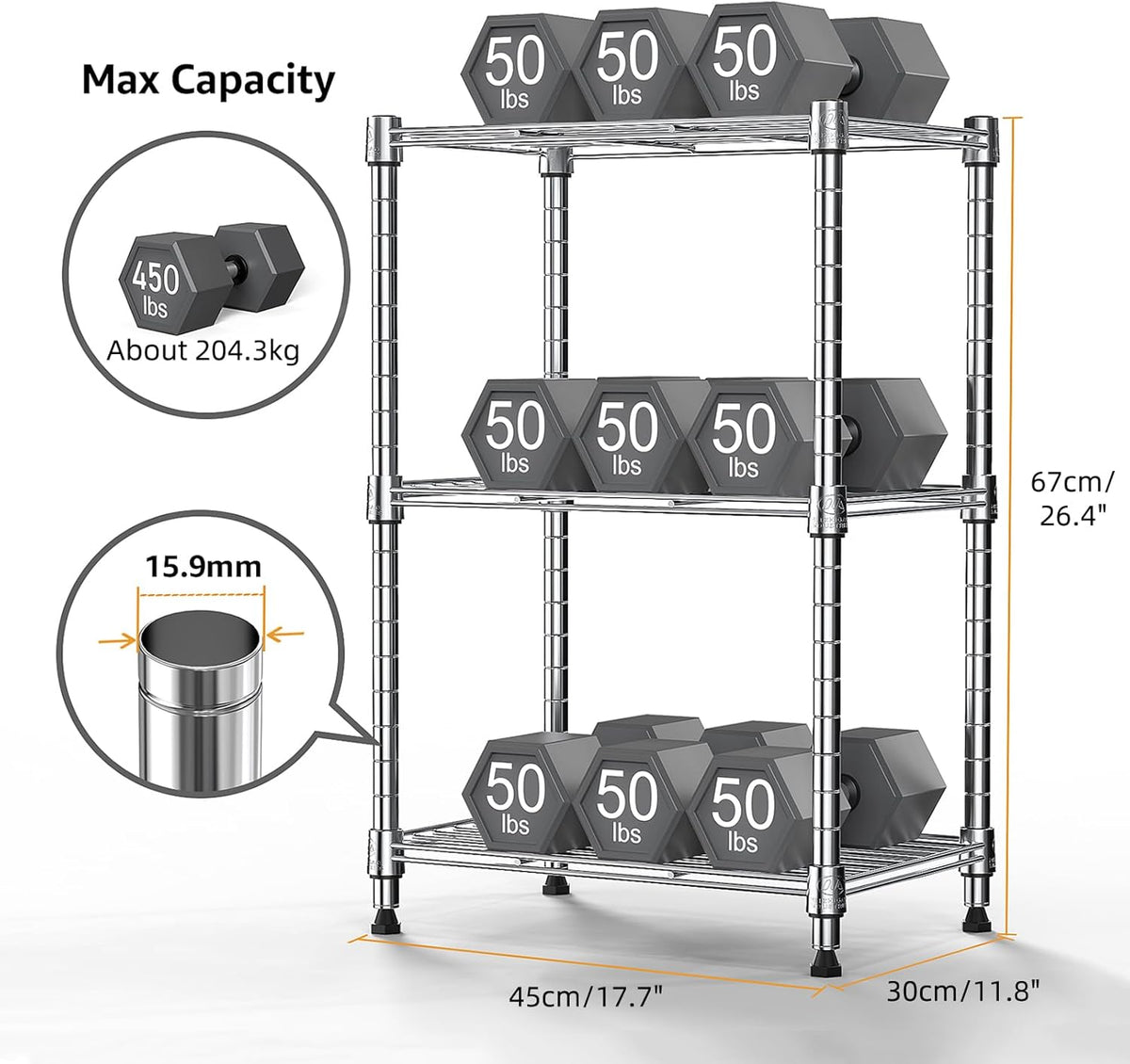 450 lbs Wire Storage Shelving 3-Tier Utility Shelving Unit Steel Organizer Wire Rack for