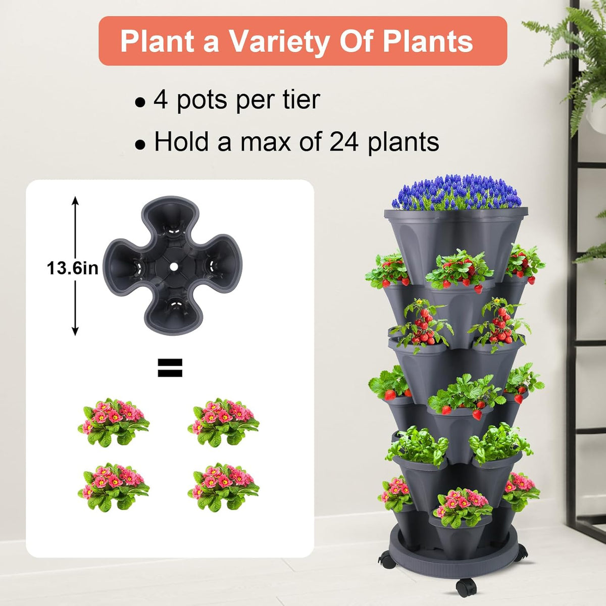 DUNCHATY Stackable Planter, Vertical Garden Planter with Wheels and Tools, Self Watering Strawberry