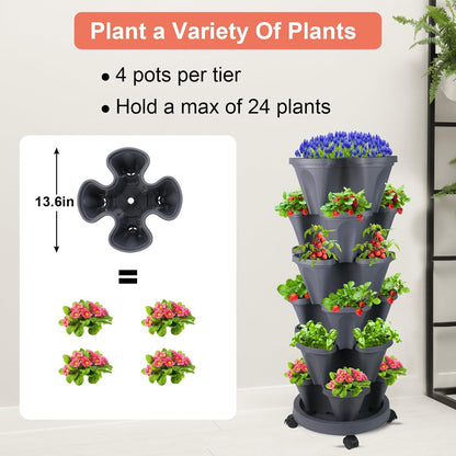 DUNCHATY Stackable Planter, Vertical Garden Planter with Wheels and Tools, Self Watering Strawberry