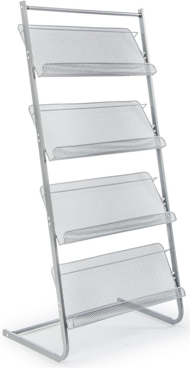 Displays2go Magazine Rack for Offices, Stores or Retail, (4) Mesh Shelves, 23.5" x 9" Trays, 50" H