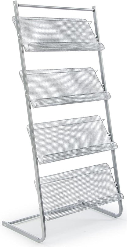 Displays2go Magazine Rack for Offices, Stores or Retail, (4) Mesh Shelves, 23.5" x 9" Trays, 50" H