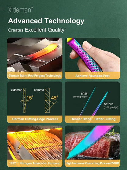16-Piece Modern Hammered Rainbow Silverware Set with Ultra Sharp 2-IN-1 Serrated Knife, 18/10