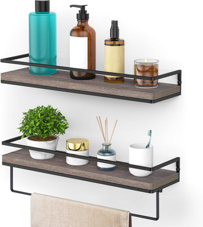 Meangood Floating Shelves Wall Mounted, Wall Shelf with Towel Bar Rustic Wood Wall Storage Shelves