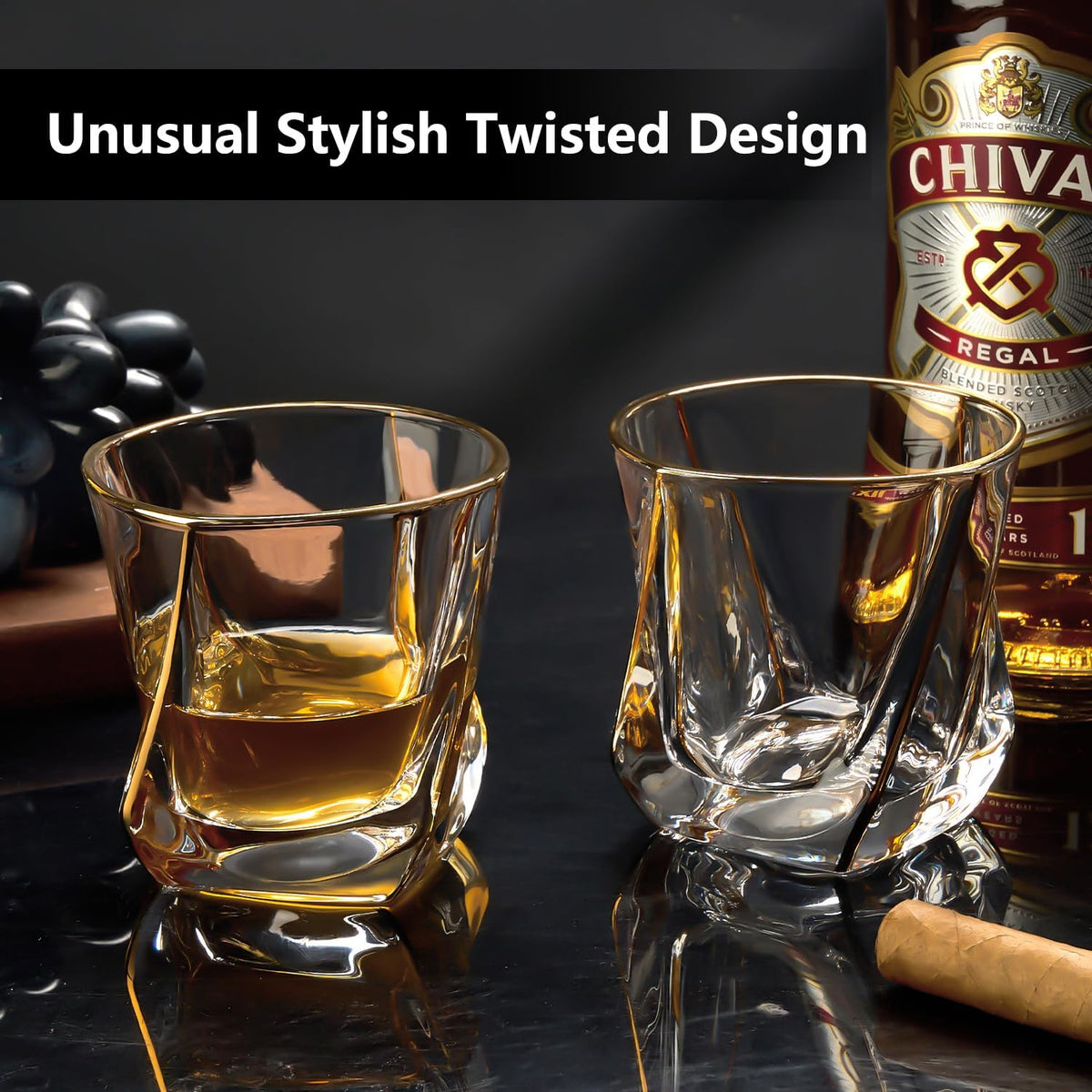 Crystal Whiskey Glasses Set of 2 with 24K Gold Rim,Bar Glasses,Twisted Whiskey Glass Gold