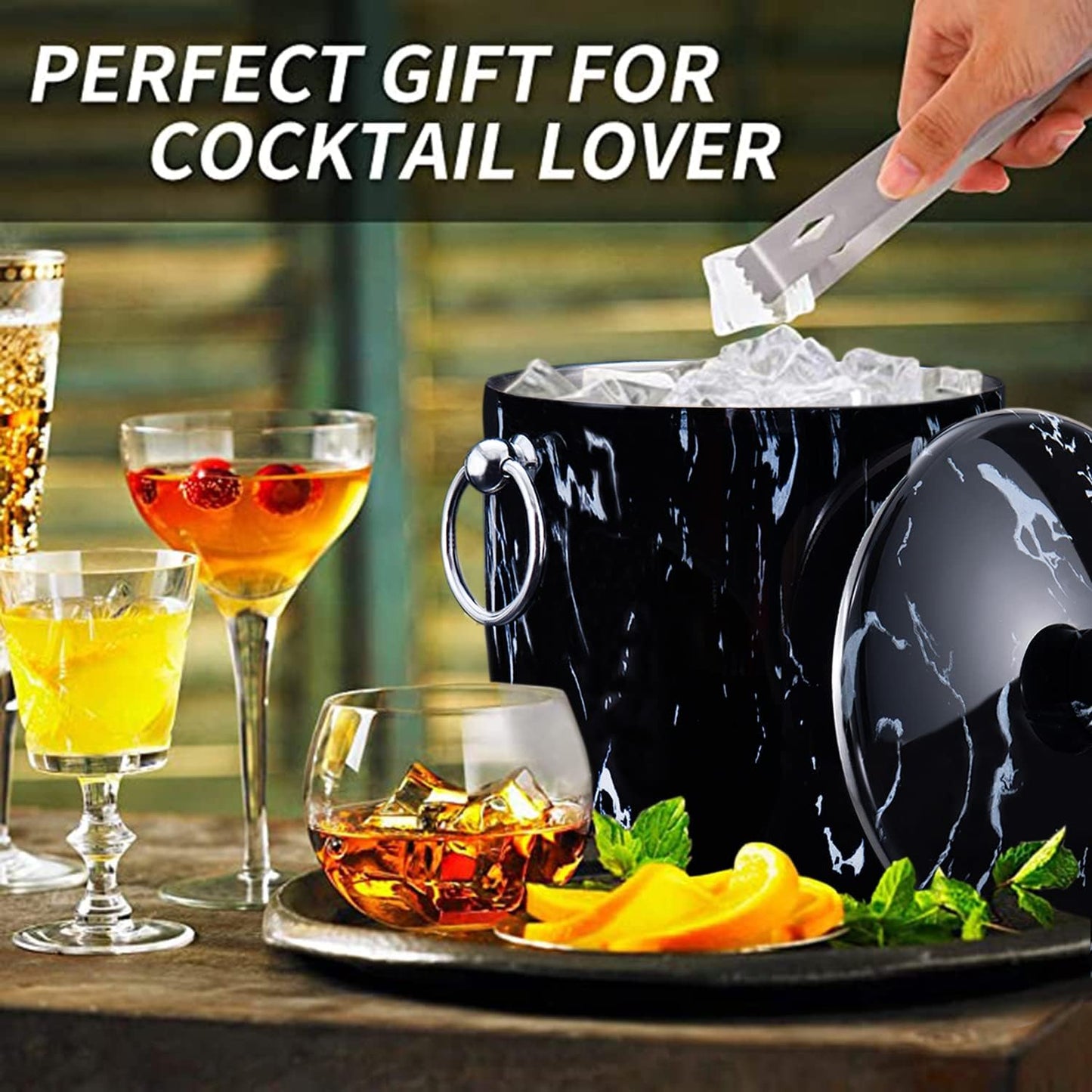 Ice Bucket with Lid, Scoop, Tongs and Strainer - Well Made Insulated Stainless Steel Keep Ice