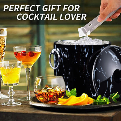 Ice Bucket with Lid, Scoop, Tongs and Strainer - Well Made Insulated Stainless Steel Keep Ice