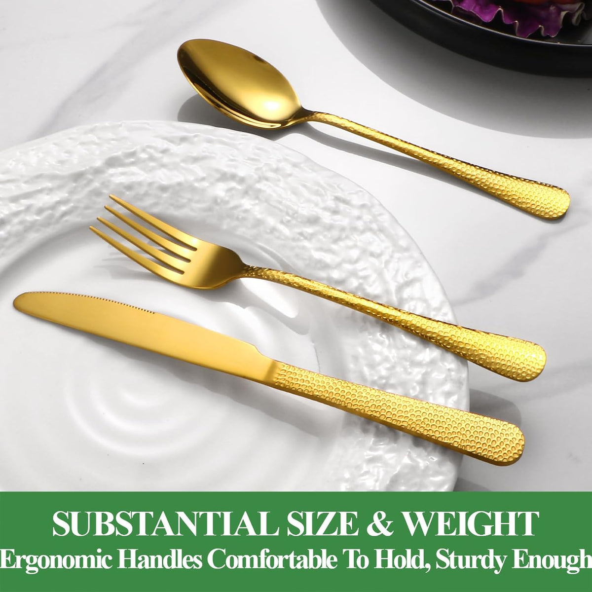 40 Pcs Gold Silverware Set for 8 with Hammered Design, Food Grade Stainless Steel Flatware Set