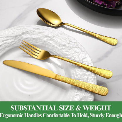 40 Pcs Gold Silverware Set for 8 with Hammered Design, Food Grade Stainless Steel Flatware Set